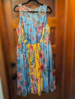 Candalite XL Blue And Yellow Floral Patchwork Mesh Midi Dress Boho Cottagecore